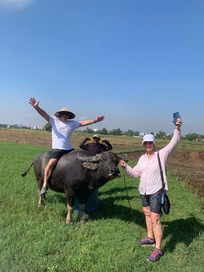 BUFFALO RIDING -BASKET BOAT & BIKE TOUR-HOI AN - Buffalo riding: feeding grass and getting the real moment
