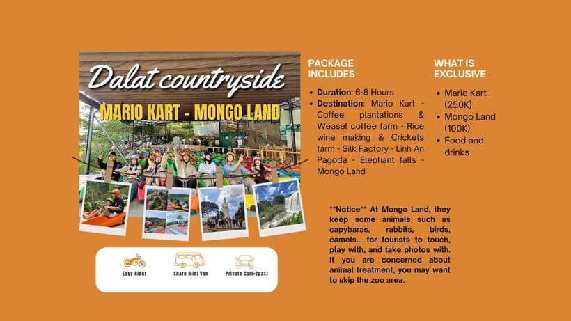 Dalat: Mario kart - Mongo Land - Countryside Tour - Mongo Land: quirky fun, then an animal-area choice